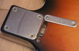 Serial number plate of 1977 Custom Masquerader removed to show truss rod adjuster slot and pierced adjustment nut
